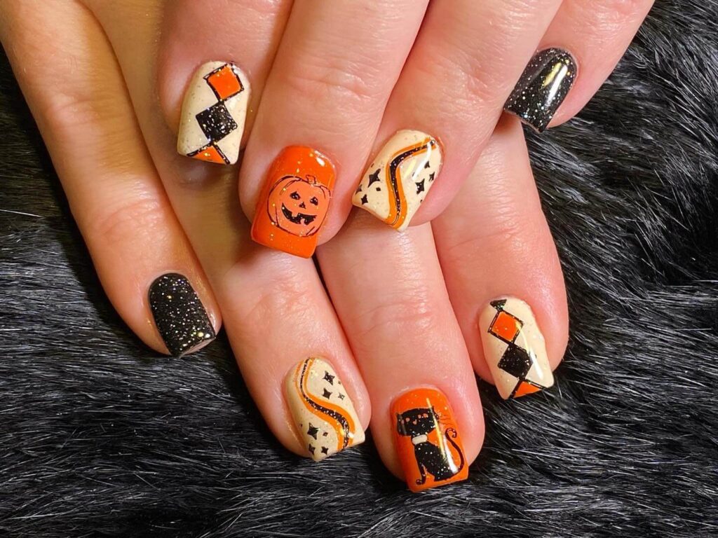 Stylish dark orange nails featuring chic fall designs perfect for autumn vibes.