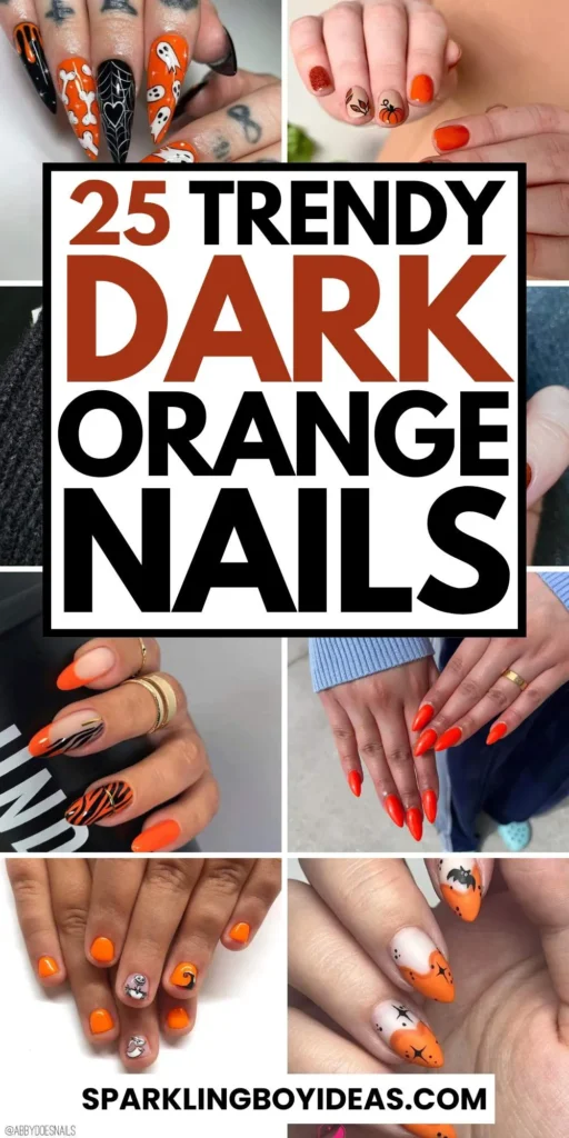 Stylish dark orange nails featuring chic fall designs perfect for autumn vibes.