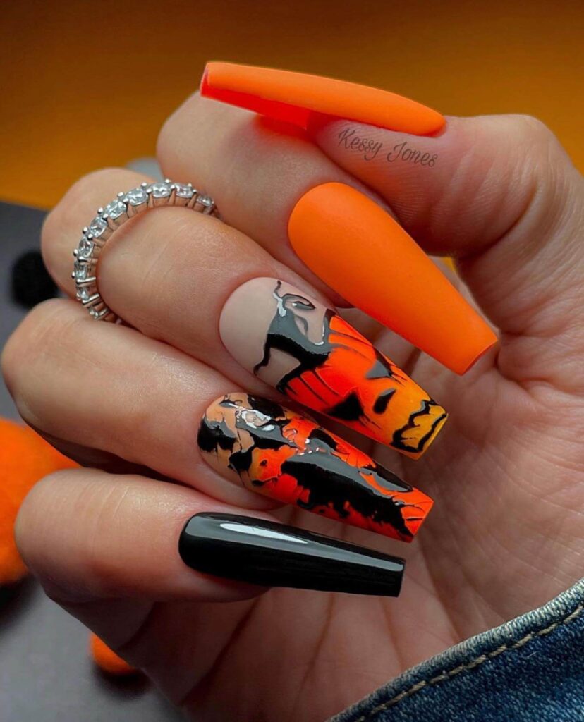 Stylish dark orange nails featuring chic fall designs perfect for autumn vibes.