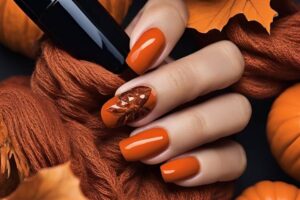 Stylish dark orange nails featuring chic fall designs perfect for autumn vibes.