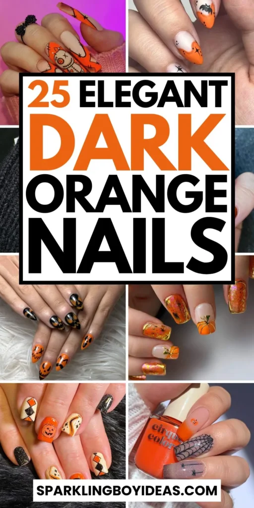 Stylish dark orange nails featuring chic fall designs perfect for autumn vibes.