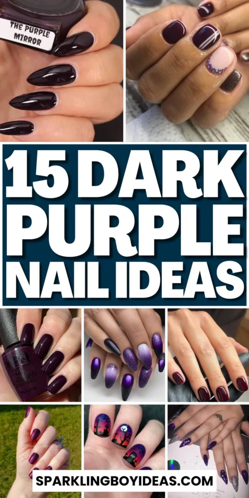 A close-up of elegant dark purple nails with matte purple and ombre nail designs, perfect for both everyday wear and Halloween.