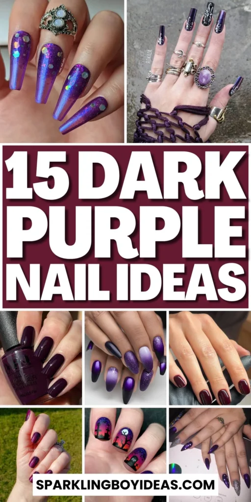 A close-up of elegant dark purple nails with matte purple and ombre nail designs, perfect for both everyday wear and Halloween.