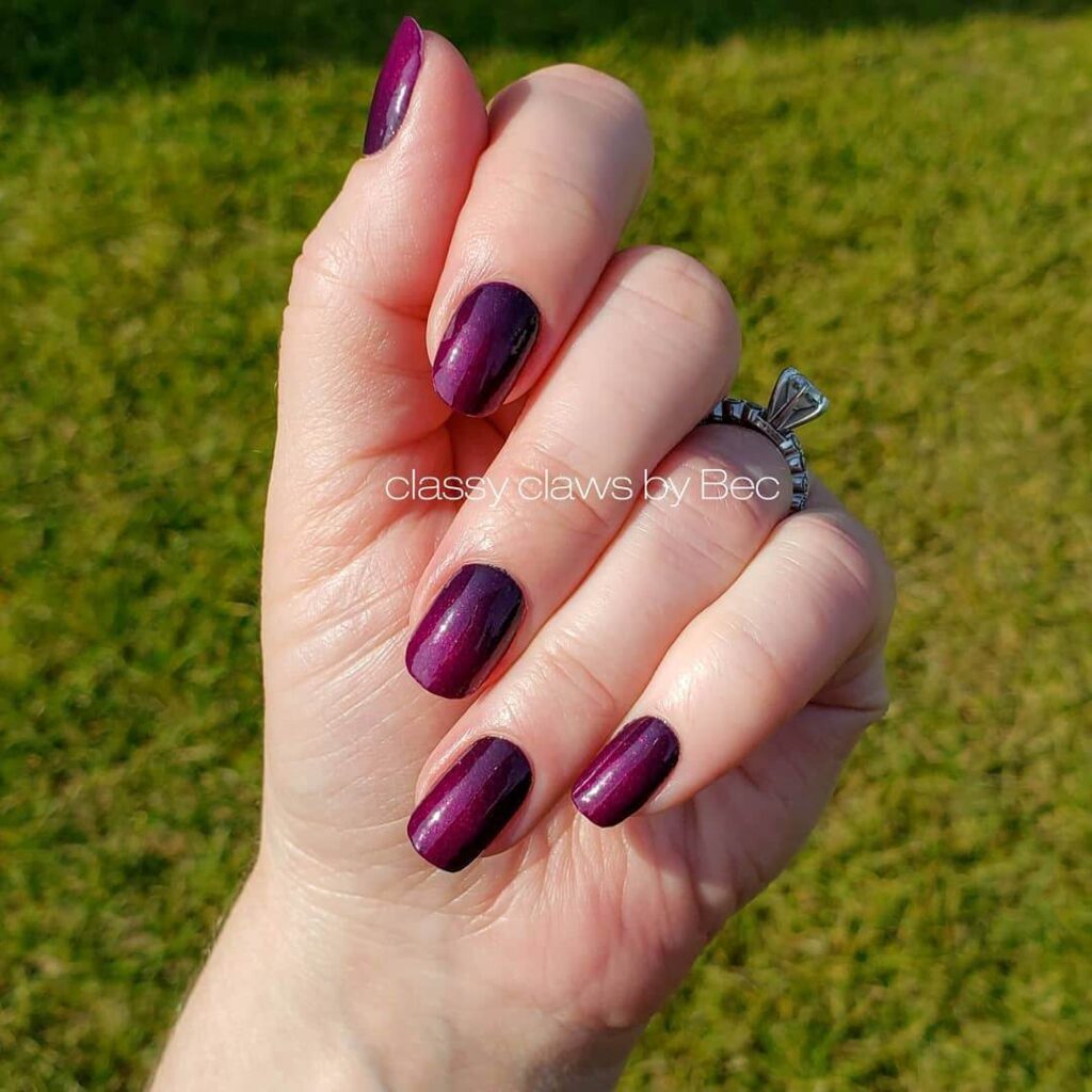 A close-up of elegant dark purple nails with matte purple and ombre nail designs, perfect for both everyday wear and Halloween.