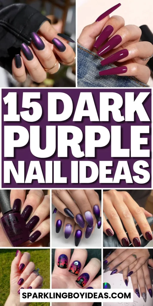 A close-up of elegant dark purple nails with matte purple and ombre nail designs, perfect for both everyday wear and Halloween.