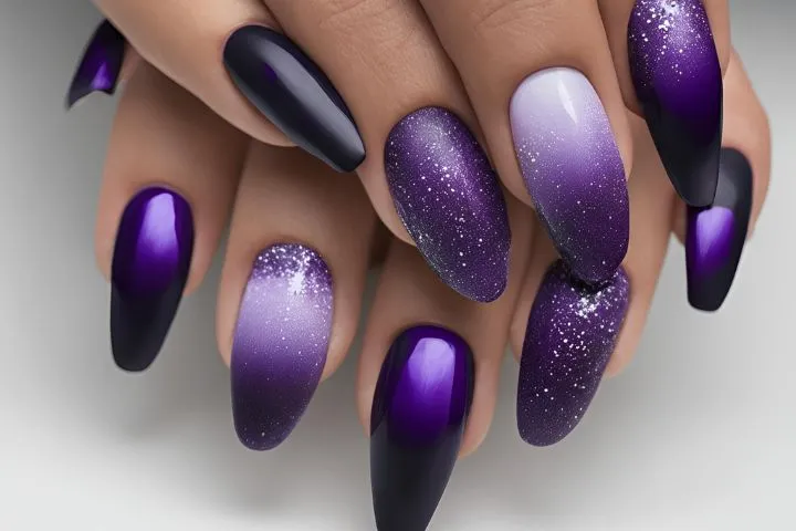 A close-up of elegant dark purple nails with matte purple and ombre nail designs, perfect for both everyday wear and Halloween.