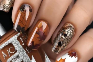 Beautiful fall nails featuring a mix of warm autumn tones and intricate fall nail art.