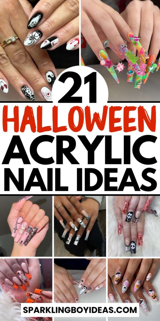 A set of Halloween acrylic nails with spooky nail designs, including black and red accents, ghosts, and candy corn-themed nails.