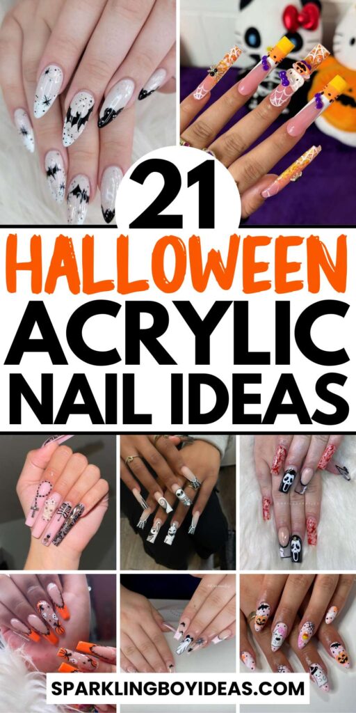 A set of Halloween acrylic nails with spooky nail designs, including black and red accents, ghosts, and candy corn-themed nails.