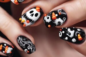 A set of Halloween acrylic nails with spooky nail designs, including black and red accents, ghosts, and candy corn-themed nails.