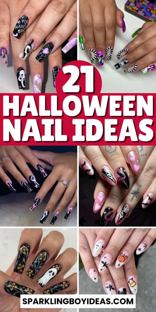 A variety of Halloween nail art designs, featuring ghost nails, pumpkin nails, and spider web nails with a spooky, festive look.