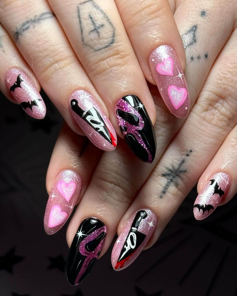 A variety of Halloween nail art designs, featuring ghost nails, pumpkin nails, and spider web nails with a spooky, festive look.