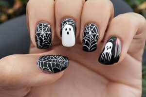 A variety of Halloween nail art designs, featuring ghost nails, pumpkin nails, and spider web nails with a spooky, festive look.