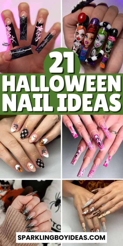 A variety of Halloween nail art designs, featuring ghost nails, pumpkin nails, and spider web nails with a spooky, festive look.