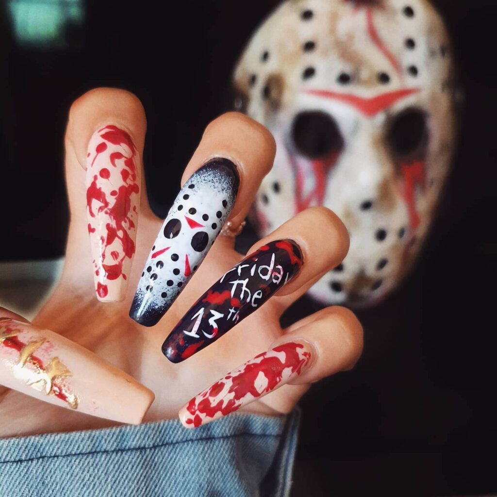 horror nails featuring creepy Halloween nails, zombie nails, and horror movie themed nails with eerie details.