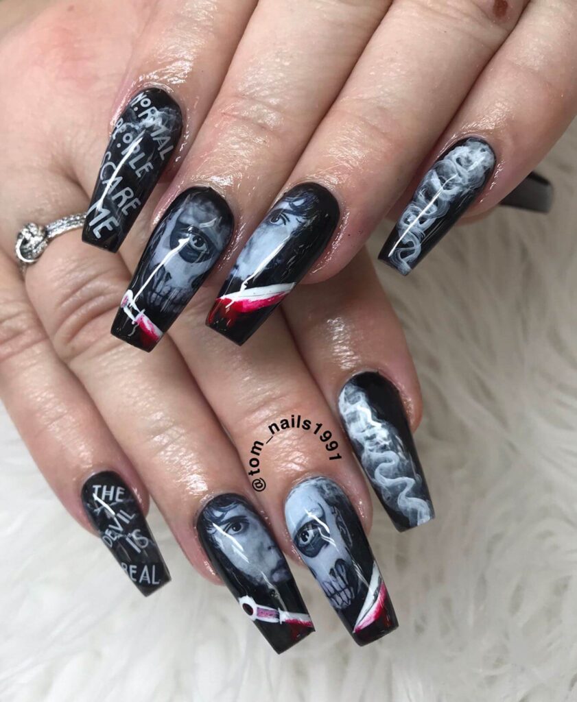 horror nails featuring creepy Halloween nails, zombie nails, and horror movie themed nails with eerie details.