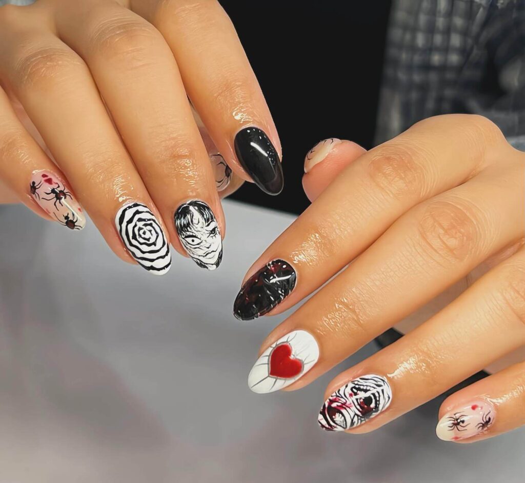 horror nails featuring creepy Halloween nails, zombie nails, and horror movie themed nails with eerie details.