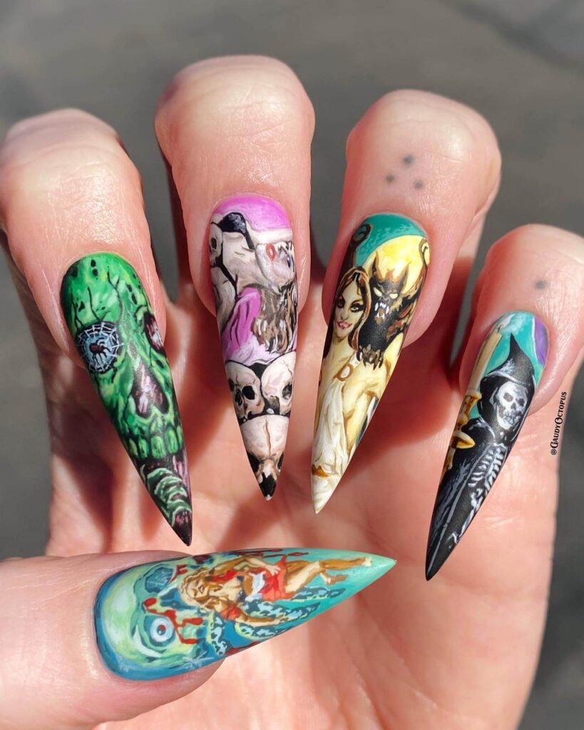 horror nails featuring creepy Halloween nails, zombie nails, and horror movie themed nails with eerie details.