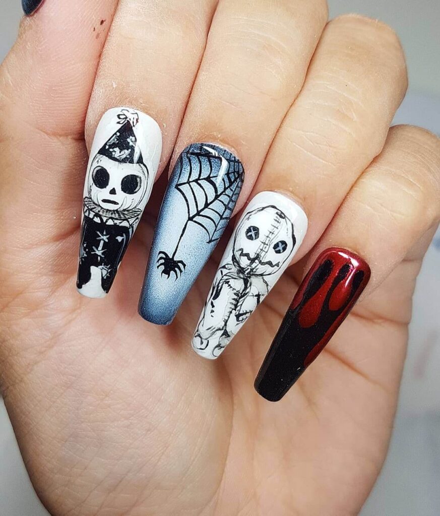 horror nails featuring creepy Halloween nails, zombie nails, and horror movie themed nails with eerie details.