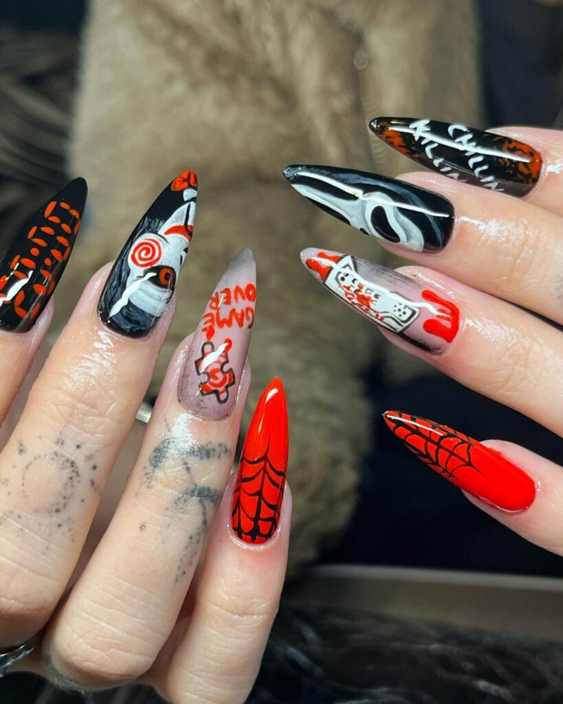 horror nails featuring creepy Halloween nails, zombie nails, and horror movie themed nails with eerie details.