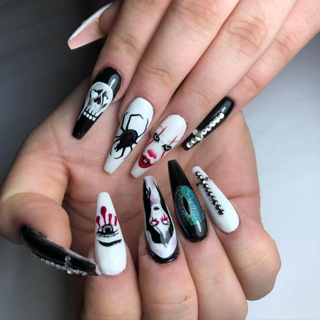 horror nails featuring creepy Halloween nails, zombie nails, and horror movie themed nails with eerie details.