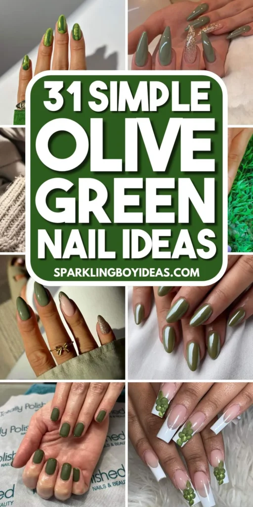 Chic olive green nails featuring gold foil accents and elegant, glossy finishes.