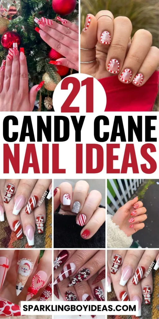 candy cane nails with red and white stripes and glitter accents, perfect for a festive holiday look.