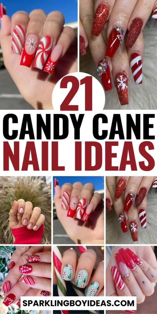 candy cane nails with red and white stripes and glitter accents, perfect for a festive holiday look.