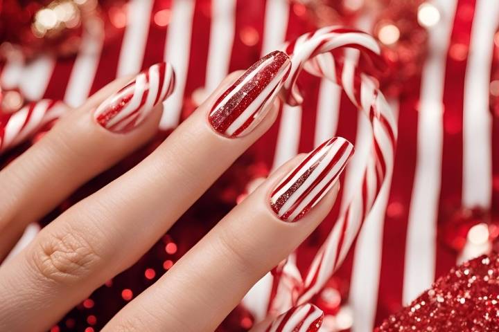 candy cane nails with red and white stripes and glitter accents, perfect for a festive holiday look.