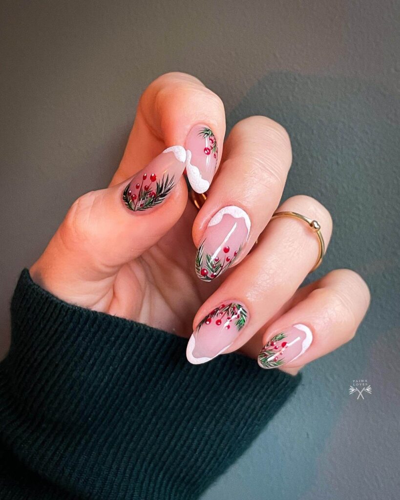 Festive Christmas gel nails featuring red, green, and white designs, including snowflakes, candy cane stripes, and Christmas tree accents.