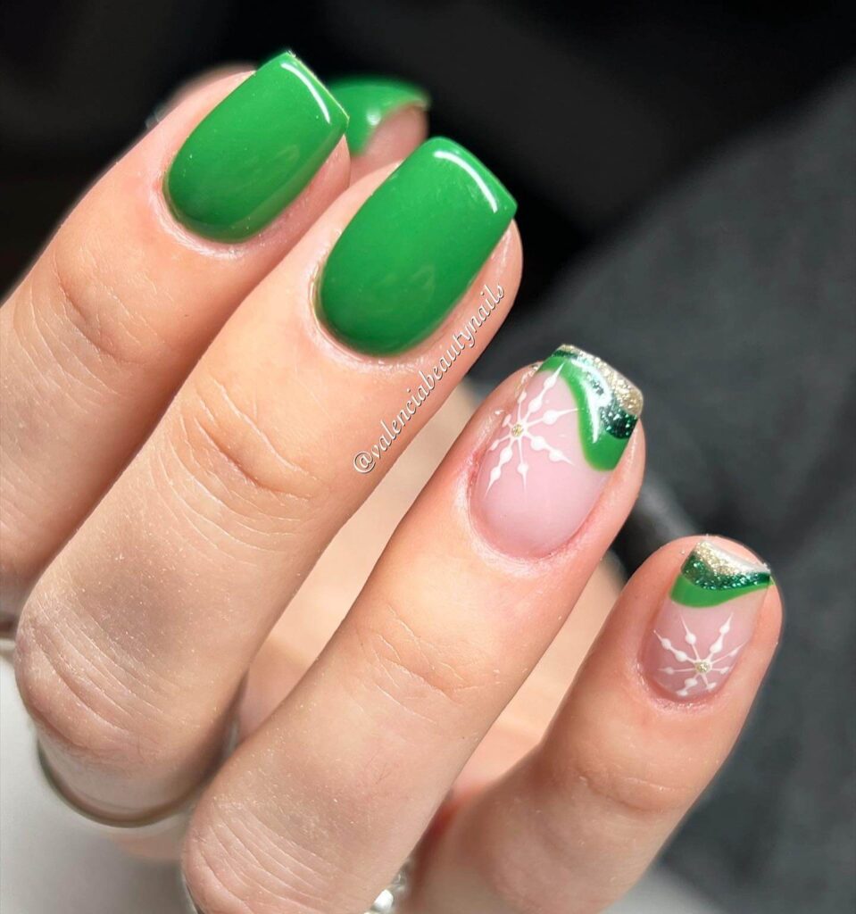 Festive Christmas gel nails featuring red, green, and white designs, including snowflakes, candy cane stripes, and Christmas tree accents.