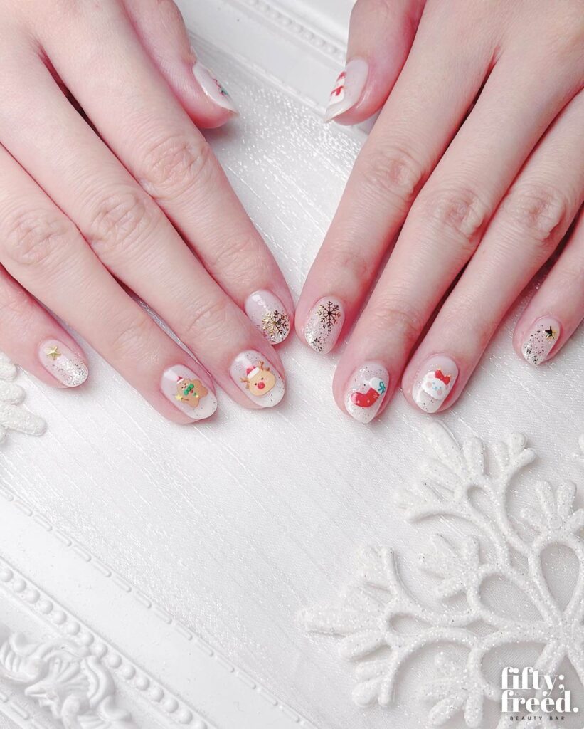 Festive Christmas gel nails featuring red, green, and white designs, including snowflakes, candy cane stripes, and Christmas tree accents.