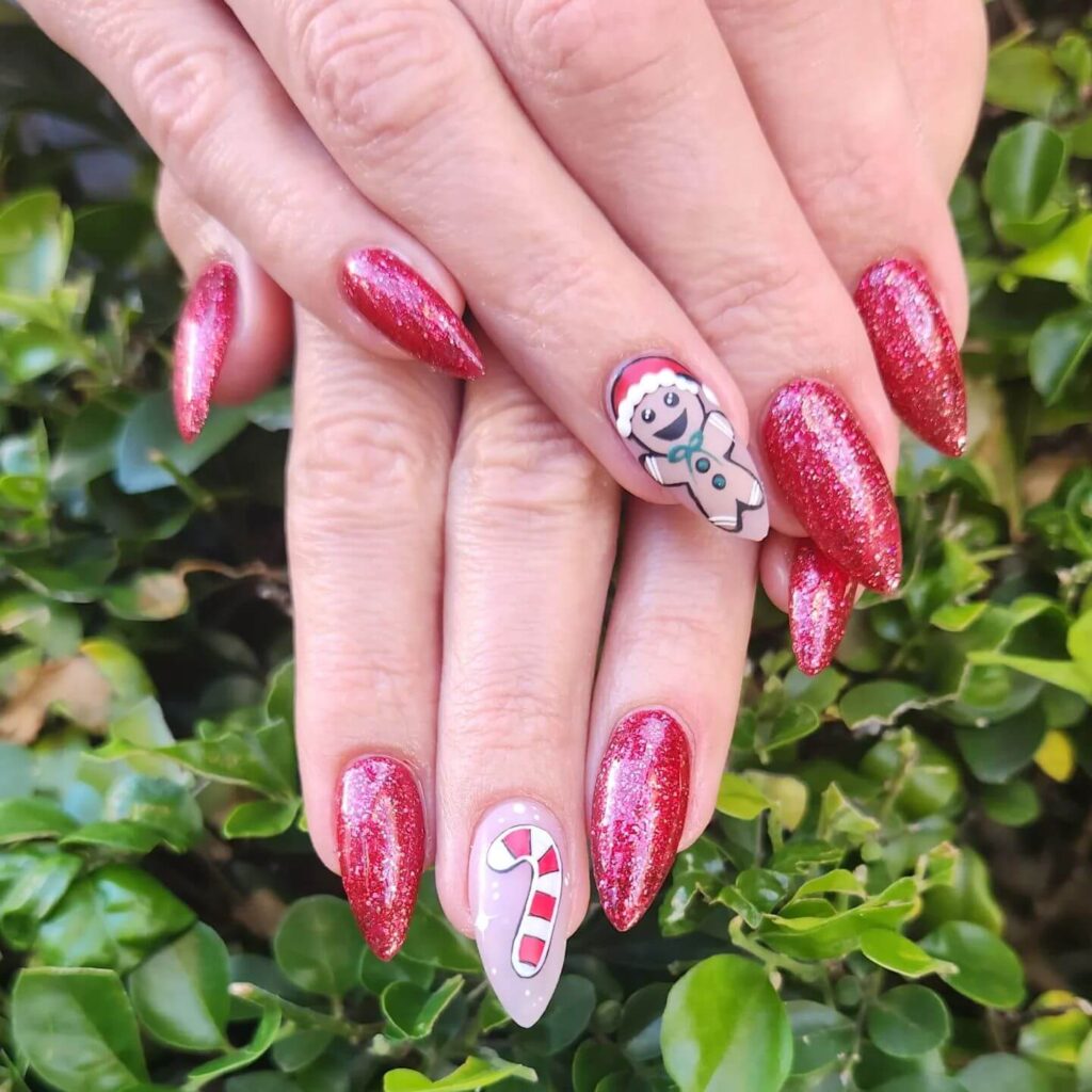 Festive Christmas gel nails featuring red, green, and white designs, including snowflakes, candy cane stripes, and Christmas tree accents.