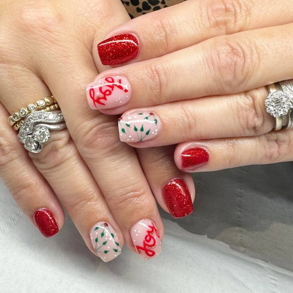 Festive Christmas gel nails featuring red, green, and white designs, including snowflakes, candy cane stripes, and Christmas tree accents.