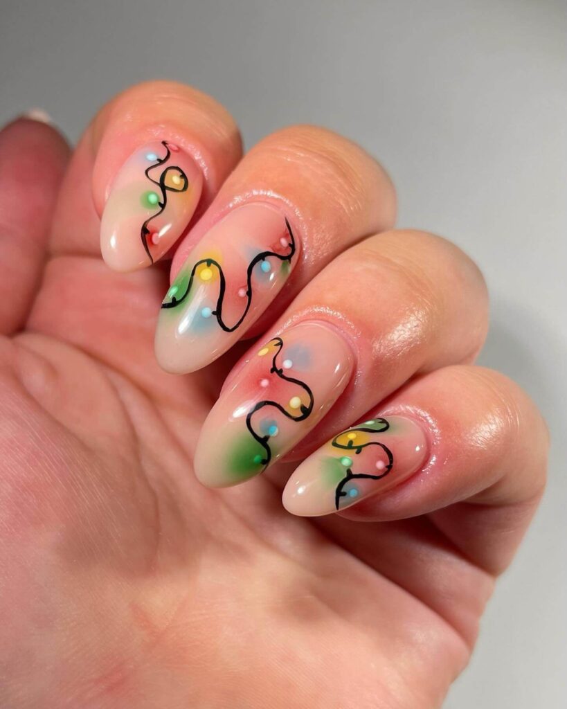 Festive Christmas gel nails featuring red, green, and white designs, including snowflakes, candy cane stripes, and Christmas tree accents.