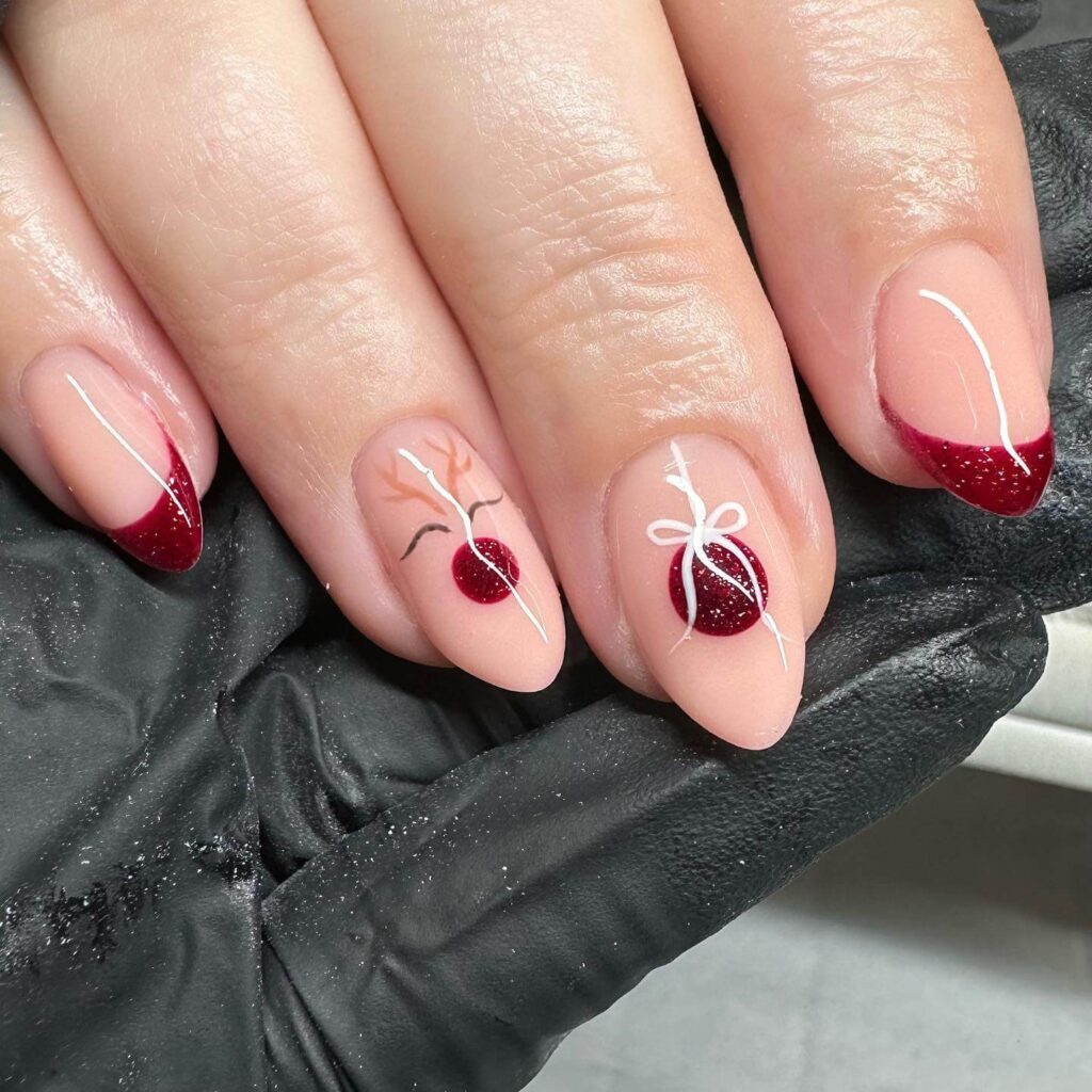 Festive Christmas gel nails featuring red, green, and white designs, including snowflakes, candy cane stripes, and Christmas tree accents.