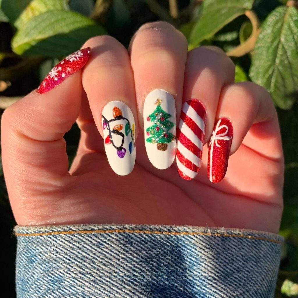 Festive Christmas nail art designs featuring snowflakes, candy cane stripes, and gingerbread nail details.