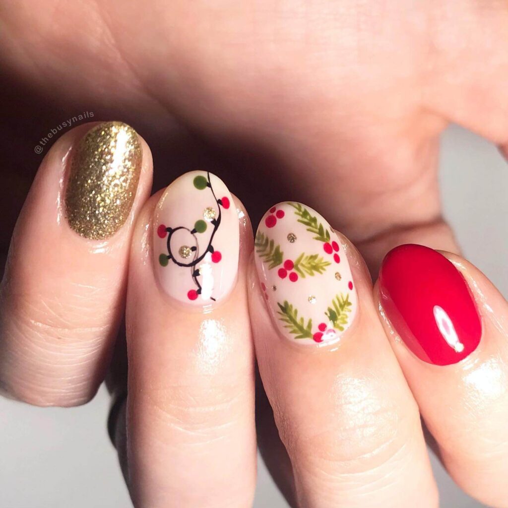 Festive Christmas nail art designs featuring snowflakes, candy cane stripes, and gingerbread nail details.