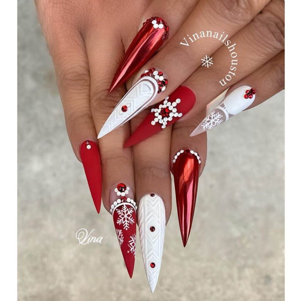 Festive Christmas nail art designs featuring snowflakes, candy cane stripes, and gingerbread nail details.