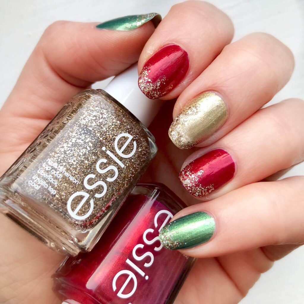 Festive Christmas nail art designs featuring snowflakes, candy cane stripes, and gingerbread nail details.