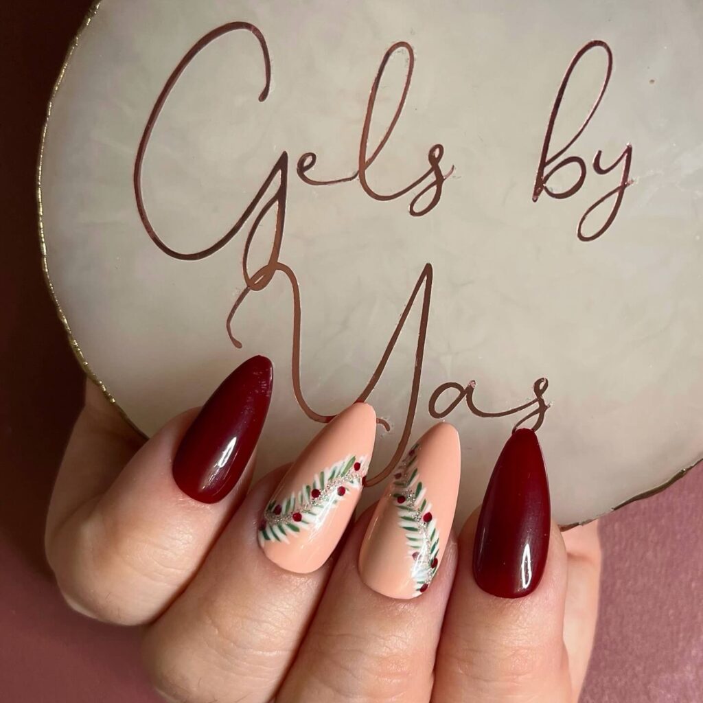 Festive Christmas nail art designs featuring snowflakes, candy cane stripes, and gingerbread nail details.