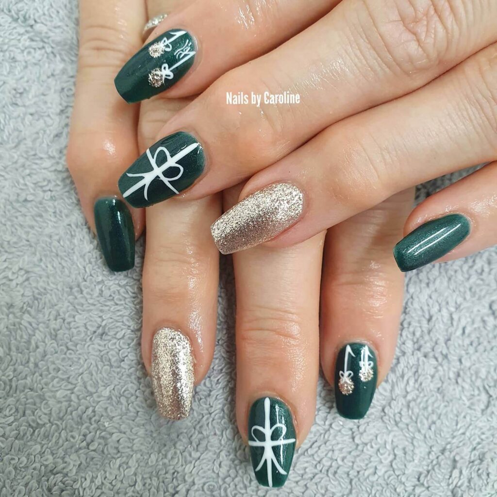 Festive Christmas nail art designs featuring snowflakes, candy cane stripes, and gingerbread nail details.