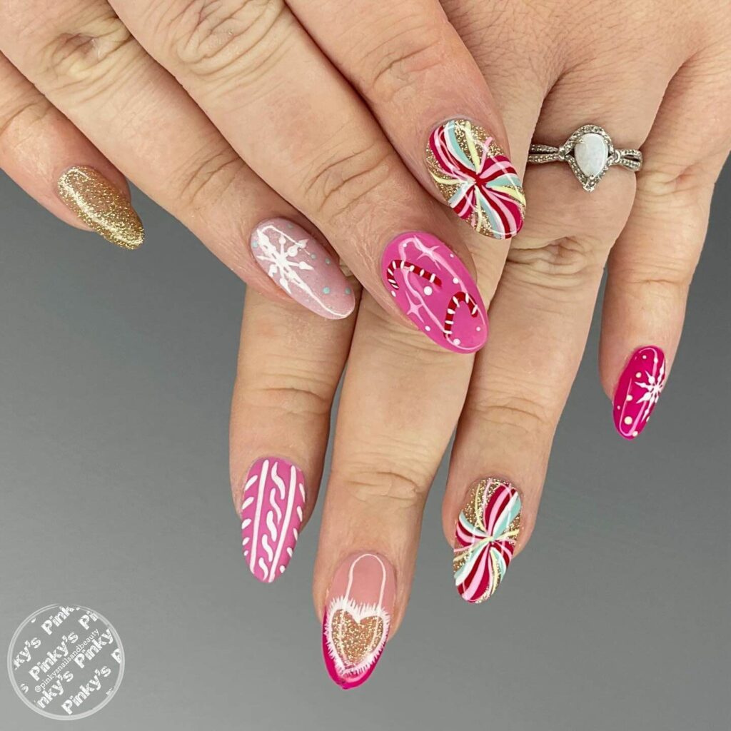 Festive Christmas nail art designs featuring snowflakes, candy cane stripes, and gingerbread nail details.