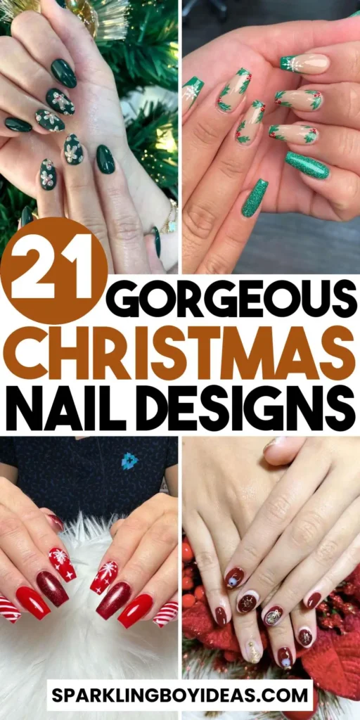 Festive Christmas nail designs featuring red and green nails with glitter accents, snowflakes, and holiday-themed nail art.