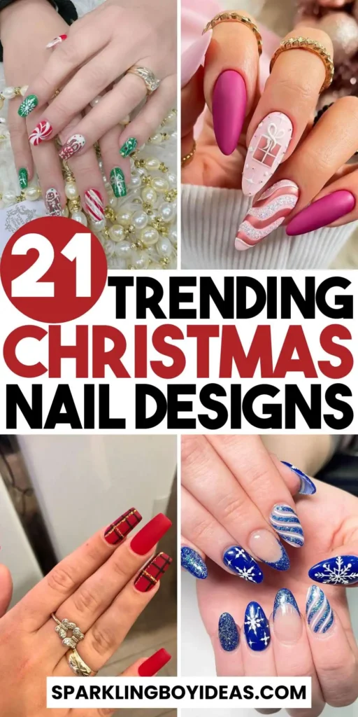 Festive Christmas nail designs featuring red and green nails with glitter accents, snowflakes, and holiday-themed nail art.