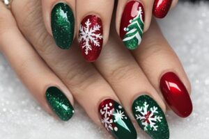 Festive Christmas nail designs featuring red and green nails with glitter accents, snowflakes, and holiday-themed nail art.