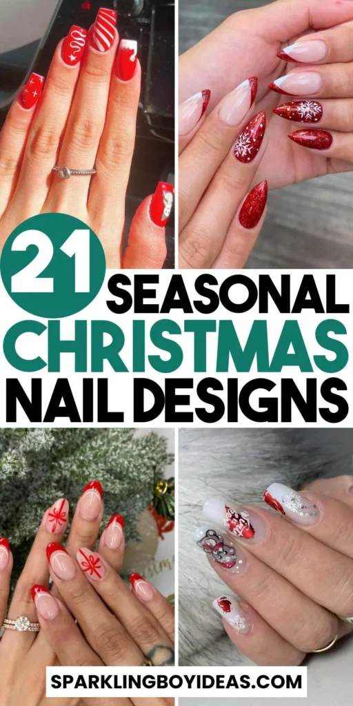 Festive Christmas nail designs featuring red and green nails with glitter accents, snowflakes, and holiday-themed nail art.