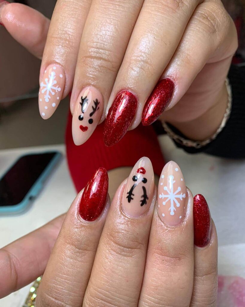 Christmas nail designs featuring snowflakes, reindeer nails, and Christmas tree nail art, perfect for the holiday season.