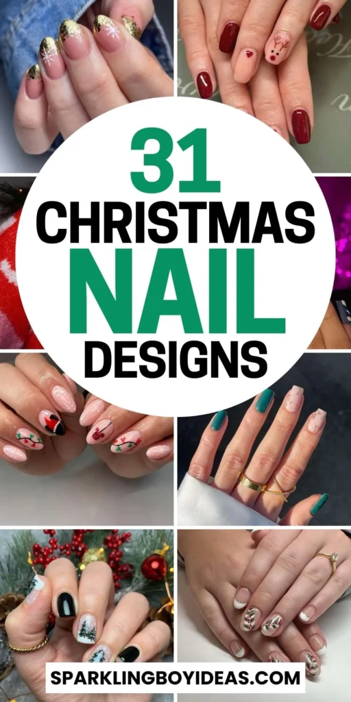 Christmas nail designs featuring snowflakes, reindeer nails, and Christmas tree nail art, perfect for the holiday season.