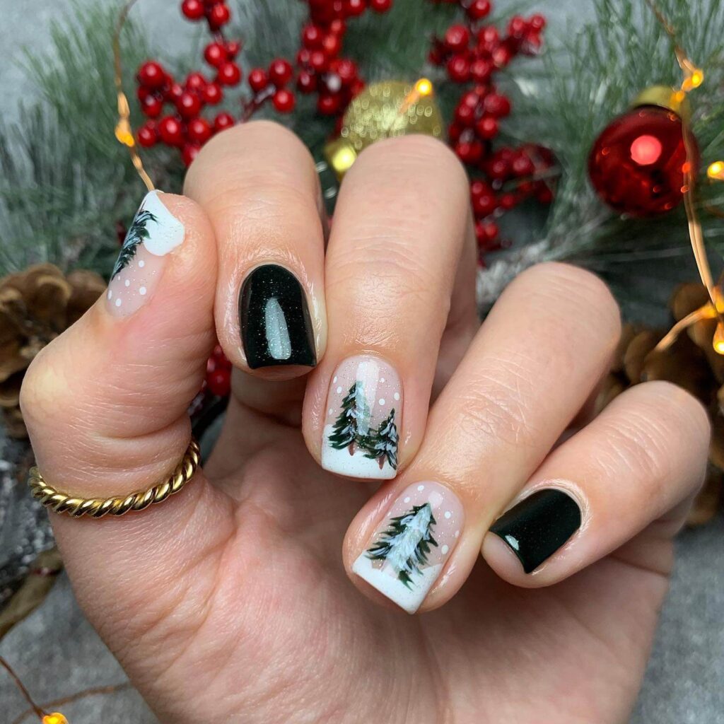 Christmas nail designs featuring snowflakes, reindeer nails, and Christmas tree nail art, perfect for the holiday season.